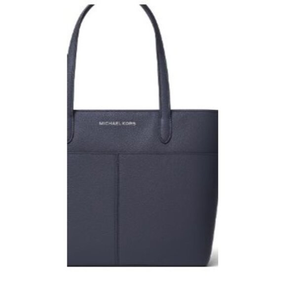 Michael Kors Logo Navy Blue Leather Tote Bag Purse | Dual Handles Front Pockets - Picture 10 of 15